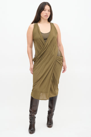 Donna Karan Khaki Green Draped Layered Dress