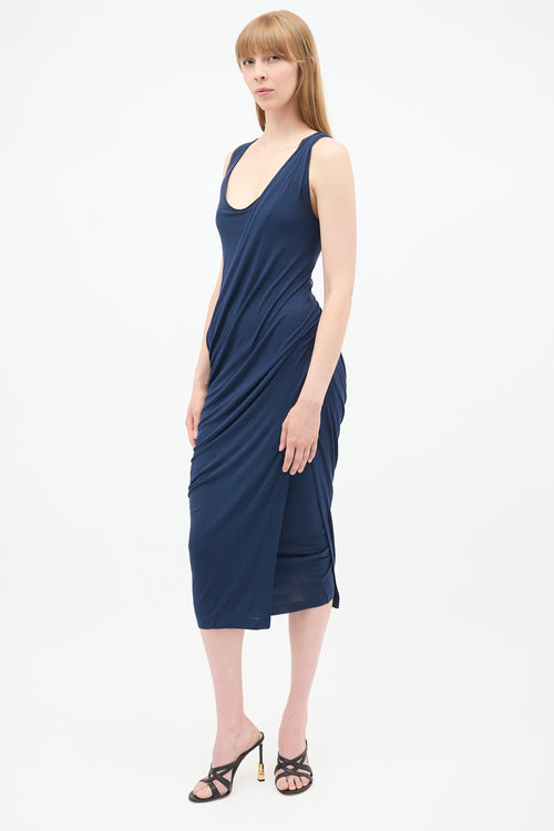 Donna Karan Navy Asymmetrical Drape Dress