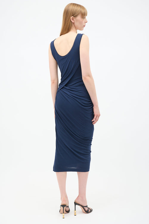 Donna Karan Navy Asymmetrical Drape Dress