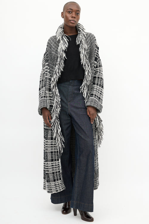 Dorothee Schumacher Black & White Tweed Boucle Fringe Coat