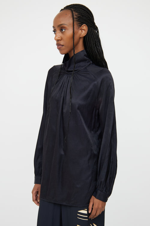 Dries Van Noten Navy Gathered Button Blouse