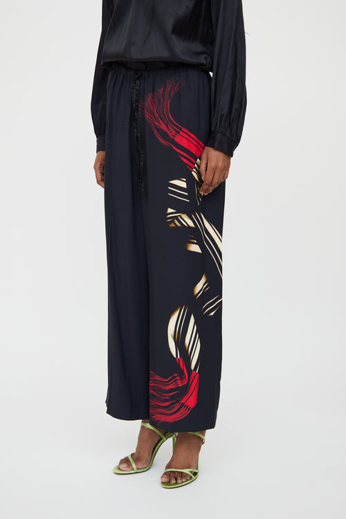 Dries Van Noten Navy Printed Wide Leg Pant