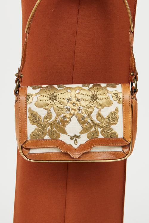 Dries Van Noten Cream & Brown Canvas Embroidered Bag