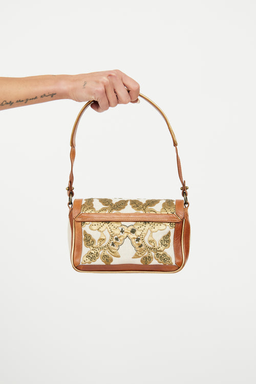 Dries Van Noten Cream & Brown Canvas Embroidered Bag