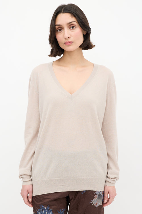 Dries Van Noten Beige Cashmere & Silk V-Neck Sweater