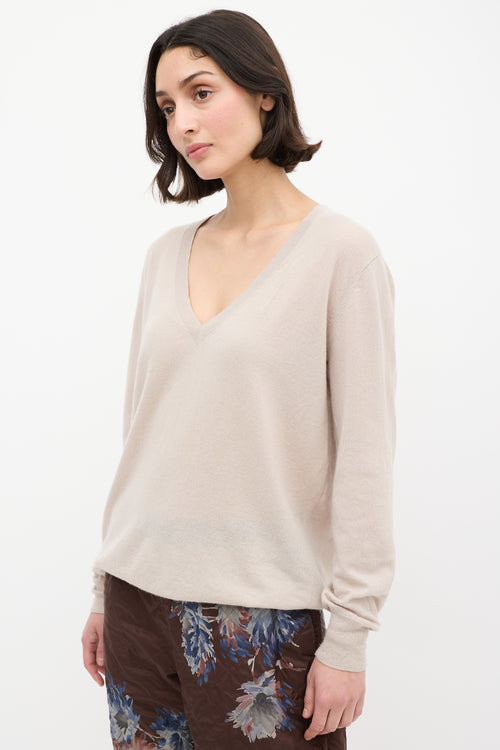 Dries Van Noten Beige Cashmere & Silk V-Neck Sweater