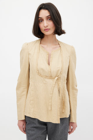 Dries Van Noten Beige Cotton & Linen Striped Tie Front Top