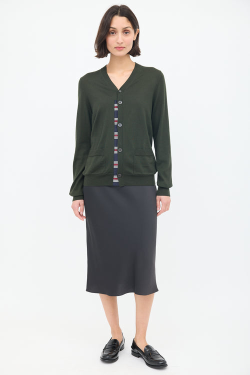 Dries Van Noten Green Wool Striped Trim Cardigan