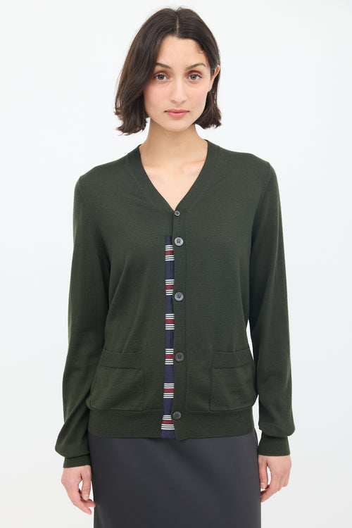 Dries Van Noten Green Wool Striped Trim Cardigan