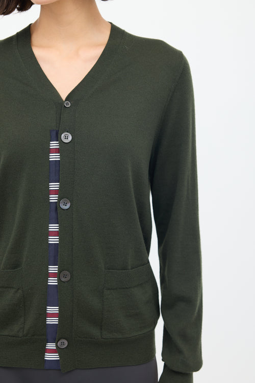 Dries Van Noten Green Wool Striped Trim Cardigan