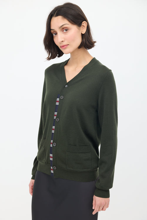 Dries Van Noten Green Wool Striped Trim Cardigan