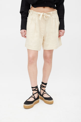 Dries Van Noten Beige Linen Cotton & Silk Textured Tie Waist Shorts
