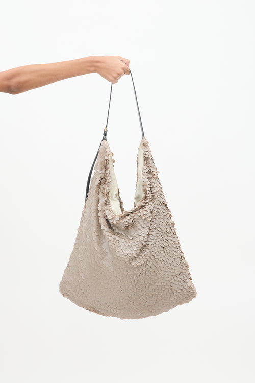 Dries Van Noten Beige Sequin & Leather Tote Bag