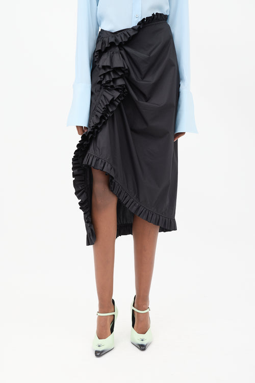 Dries Van Noten Black Cotton Ruffled Sarong Skirt