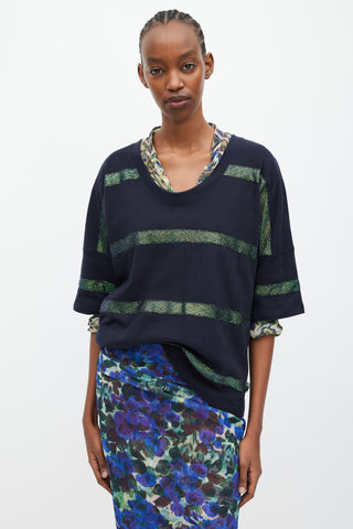 Dries Van Noten Black & Green Metallic Striped T-Shirt