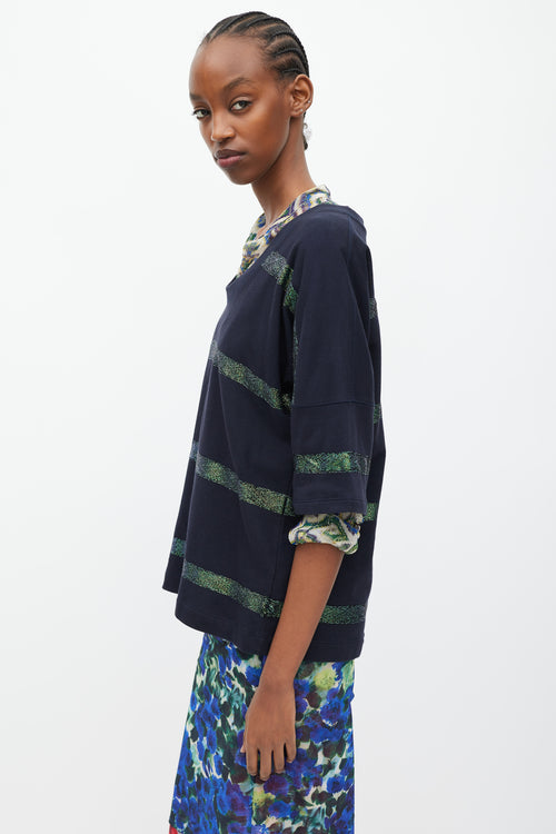Dries Van Noten Black & Green Metallic Striped T-Shirt