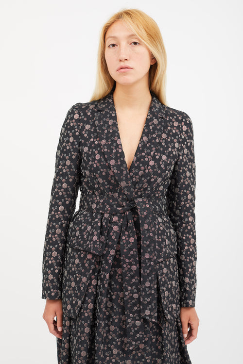 Dries Van Noten Black & Multicolour Print Jacquard Belted Coat