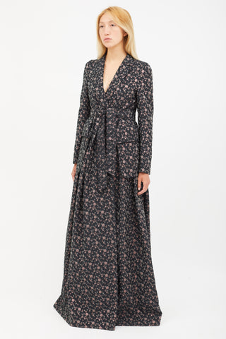 Dries Van Noten Black & Multicolour Print Jacquard Belted Coat