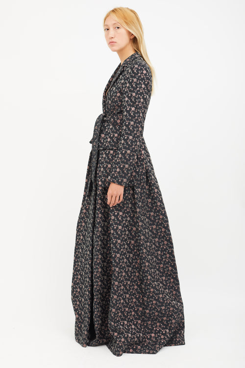 Dries Van Noten Black & Multicolour Print Jacquard Belted Coat