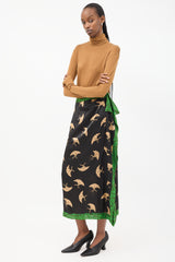 Dries Van Noten Black & Multicolour Silk Printed Midi Skirt