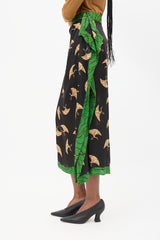 Dries Van Noten Black & Multicolour Silk Printed Midi Skirt