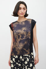 Dries Van Noten Black & Multicolour Silk Printed Panelled Top