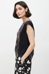 Dries Van Noten Black & Multicolour Silk Printed Panelled Top