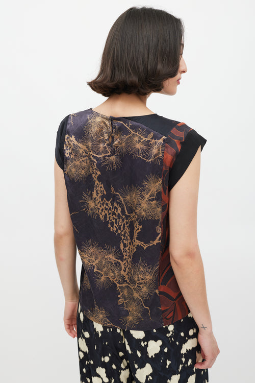 Dries Van Noten Black & Multicolour Silk Printed Panelled Top