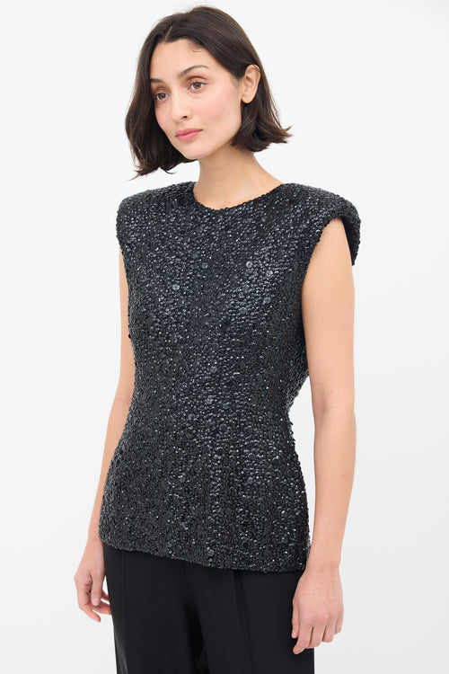 Dries Van Noten Black Sequin Embellished Shoulder Pad Tank Top