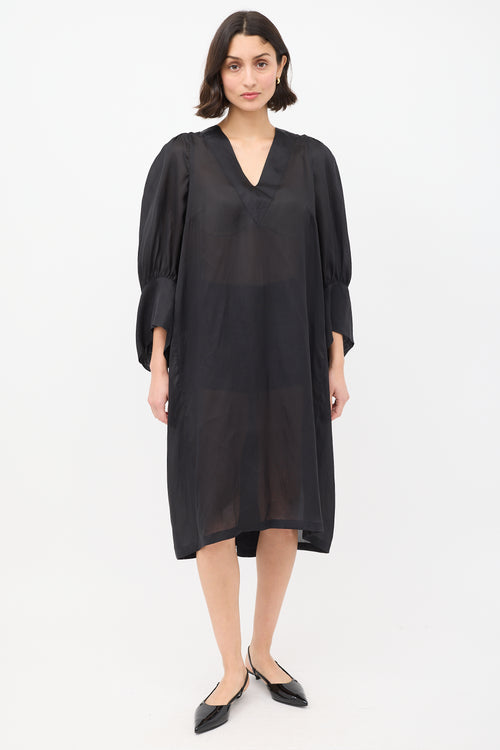 Dries Van Noten Black Silk Pleat Back Puff Sleeve Dress