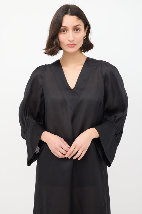 Dries Van Noten Black Silk Pleat Back Puff Sleeve Dress