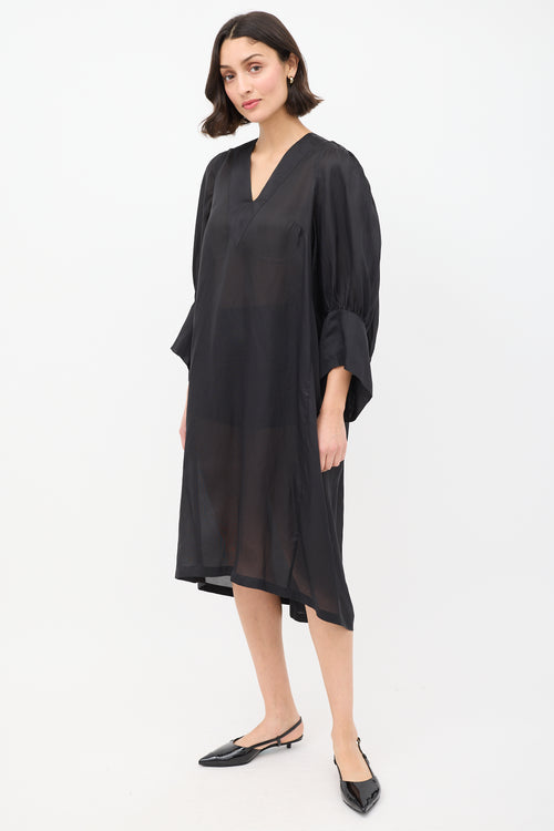 Dries Van Noten Black Silk Pleat Back Puff Sleeve Dress