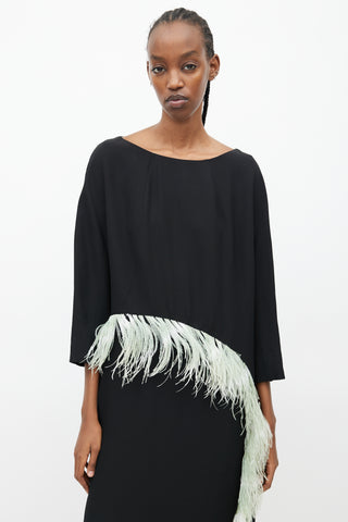 Dries Van Noten Black & Teal Cady Feather Dress
