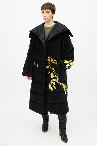 Dries Van Noten Black & Yellow Floral Velour Puffer Jacket