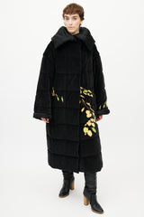 Dries Van Noten Black & Yellow Floral Velour Puffer Jacket