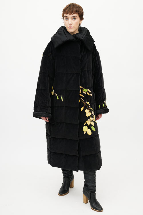 Dries Van Noten Black & Yellow Floral Velour Puffer Jacket