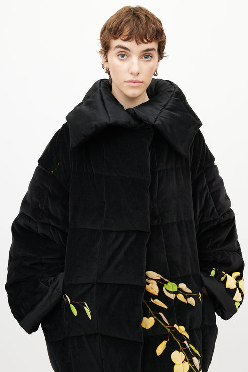 Dries Van Noten Black & Yellow Floral Velour Puffer Jacket