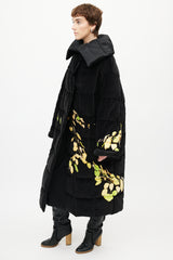 Dries Van Noten Black & Yellow Floral Velour Puffer Jacket