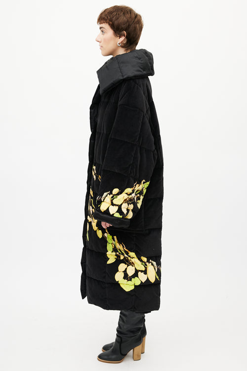 Dries Van Noten Black & Yellow Floral Velour Puffer Jacket