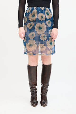 Dries Van Noten Blue & Beige Silk Plaid Floral Skirt