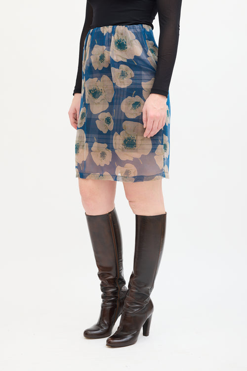 Blue & Beige Silk Plaid Floral Skirt