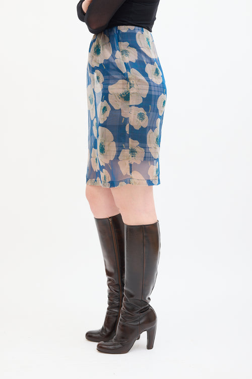 Blue & Beige Silk Plaid Floral Skirt