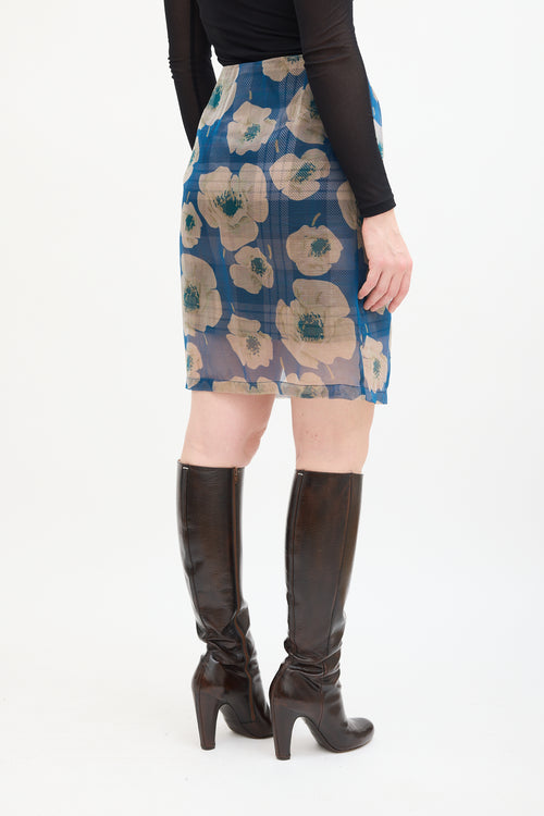 Blue & Beige Silk Plaid Floral Skirt