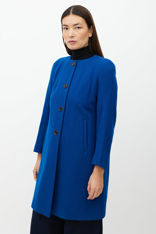 Dries Van Noten Blue Collarless Wool Blend Coat