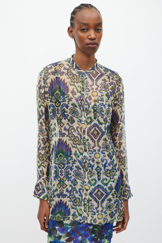 Dries Van Noten SS 2015 Blue & Green Sheer Silk Geometric Print Blouse