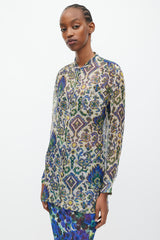 Dries Van Noten SS 2015 Blue & Green Sheer Silk Geometric Print Blouse