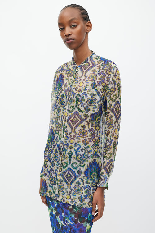 Dries Van Noten SS 2015 Blue & Green Sheer Silk Geometric Print Blouse