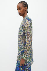 Dries Van Noten SS 2015 Blue & Green Sheer Silk Geometric Print Blouse