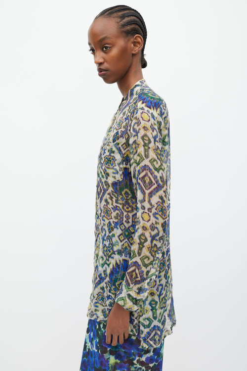 Dries Van Noten SS 2015 Blue & Green Sheer Silk Geometric Print Blouse