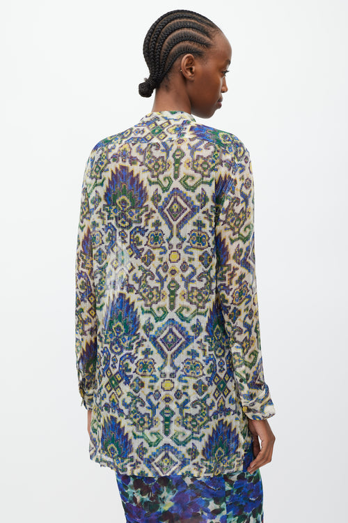 Dries Van Noten SS 2015 Blue & Green Sheer Silk Geometric Print Blouse
